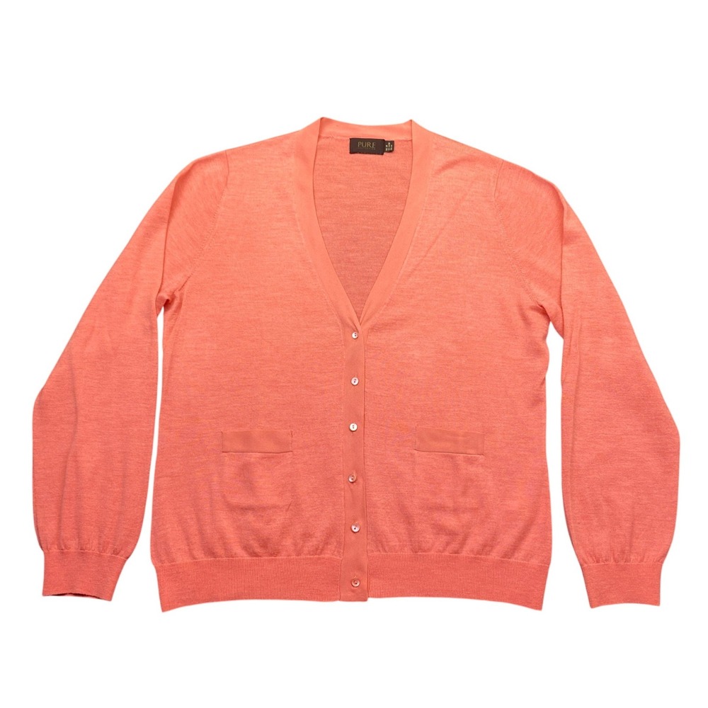 Pure Collection Merino Wool Cashmere Silk Trim Cardigan Coral Pink US 14/16 L XL